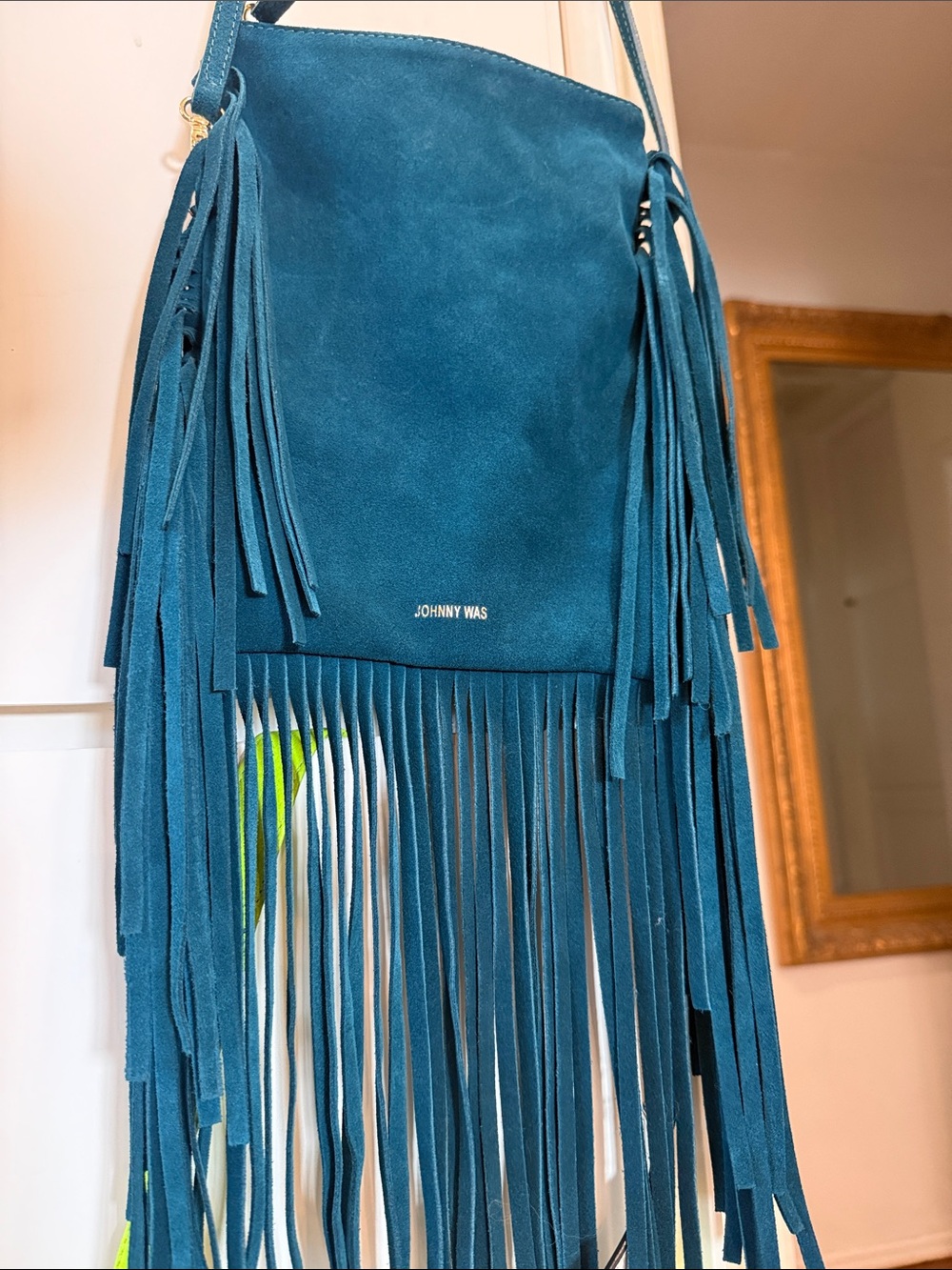 Johnny Was Teal Suede Fringe Crossbody